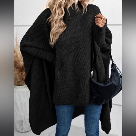 Cozy Mock Neck Dolman Sleeve High Low Hem knit Sweater Cape - Picture 9 of 16
